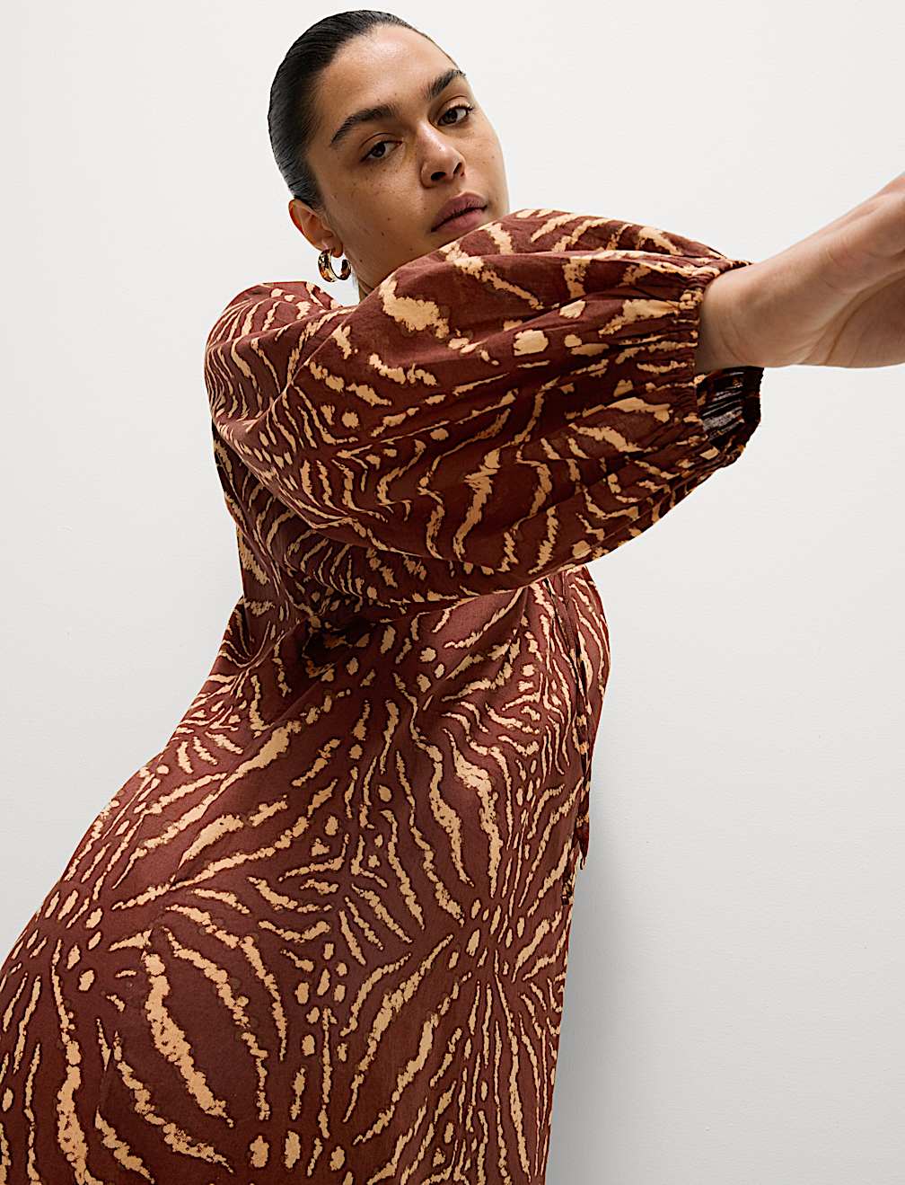 Pure Cotton Printed Tie Neck Puff Sleeve Midaxi Kaftan Dress