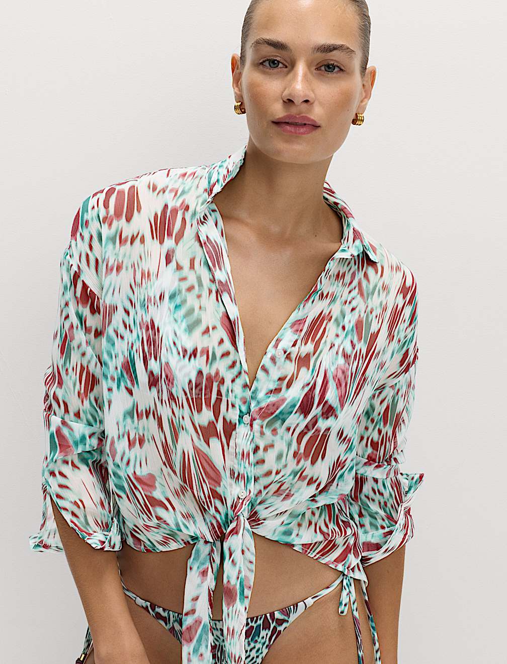 Printed Collared Tie Front Beach Shirt