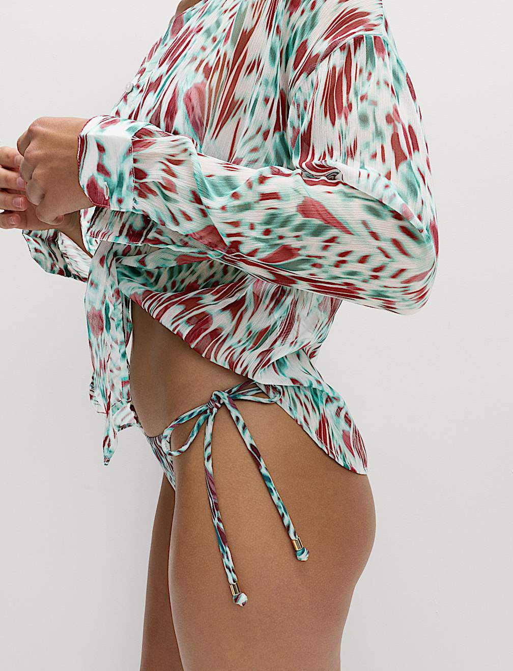 Printed Collared Tie Front Beach Shirt