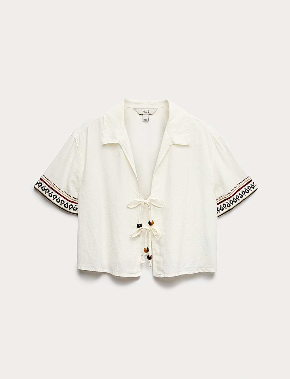 Linen Rich Beaded Tie Front Shirt