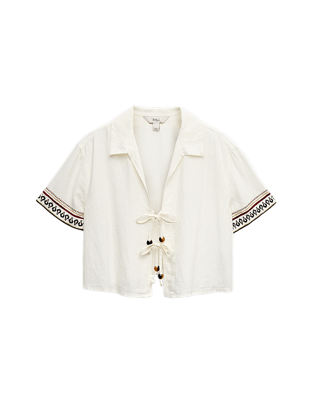 Linen Rich Beaded Tie Front Shirt