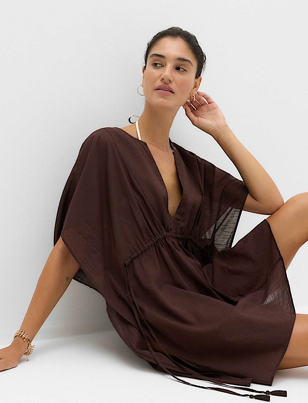 Pure Cotton Tie Detail Mini Kaftan Dress