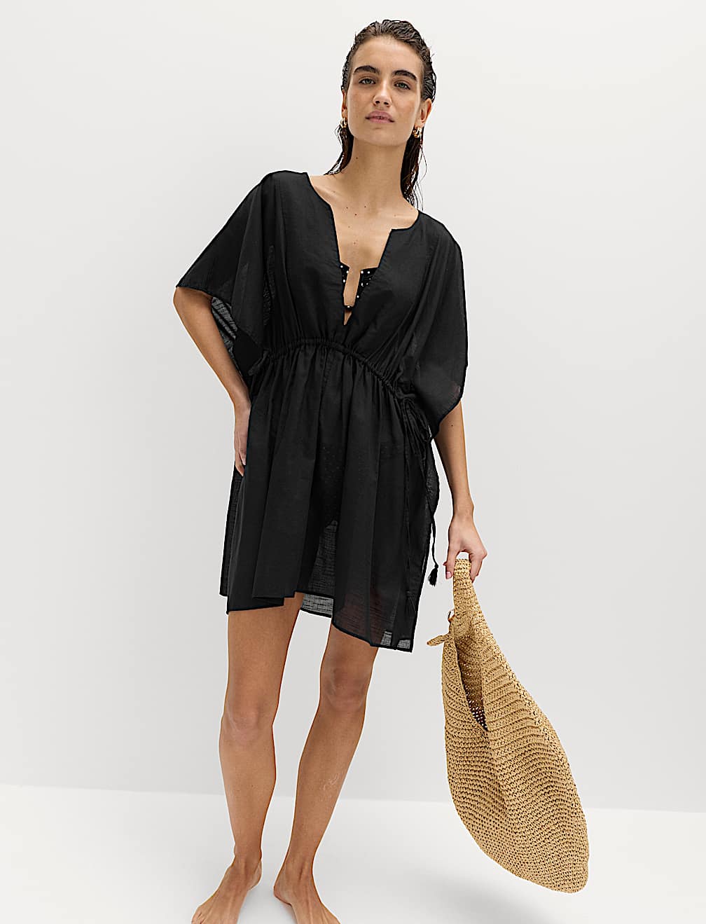 Pure Cotton Tie Detail Mini Kaftan Dress