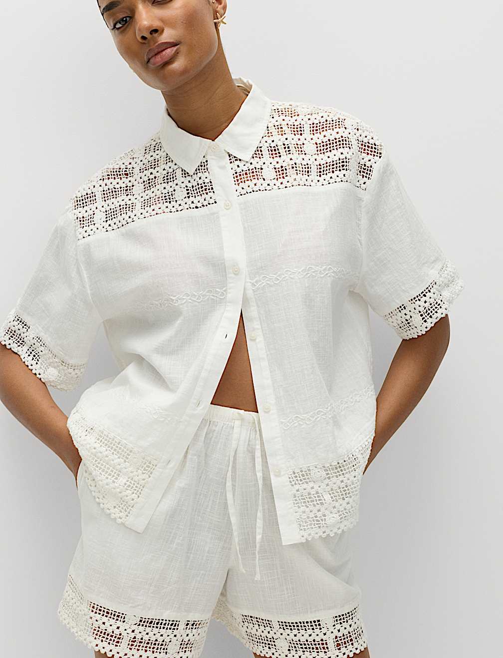 Pure Cotton Lace Insert Short Sleeve Shirt