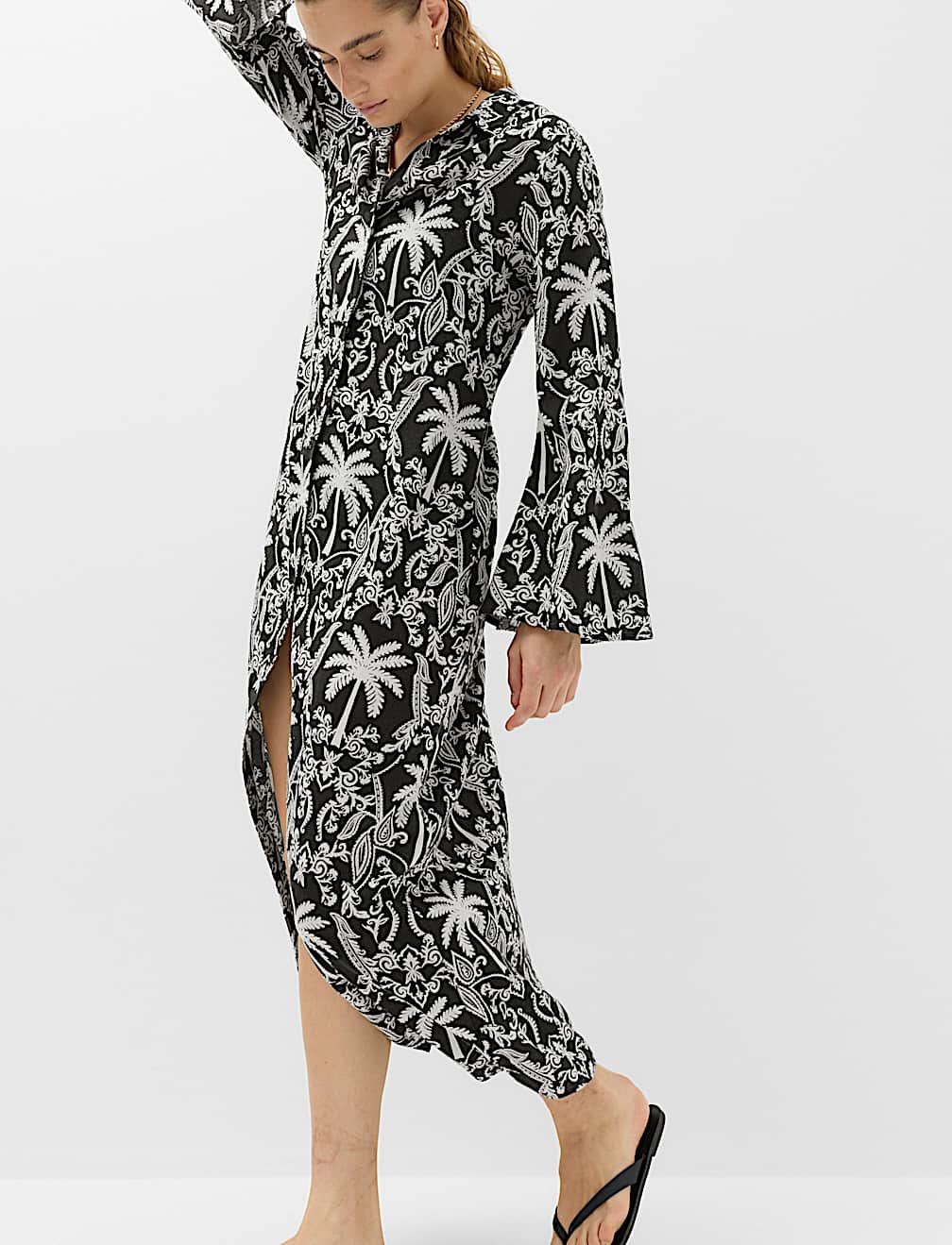 Linen Lyocell Blend Printed Midi Shirt Dress