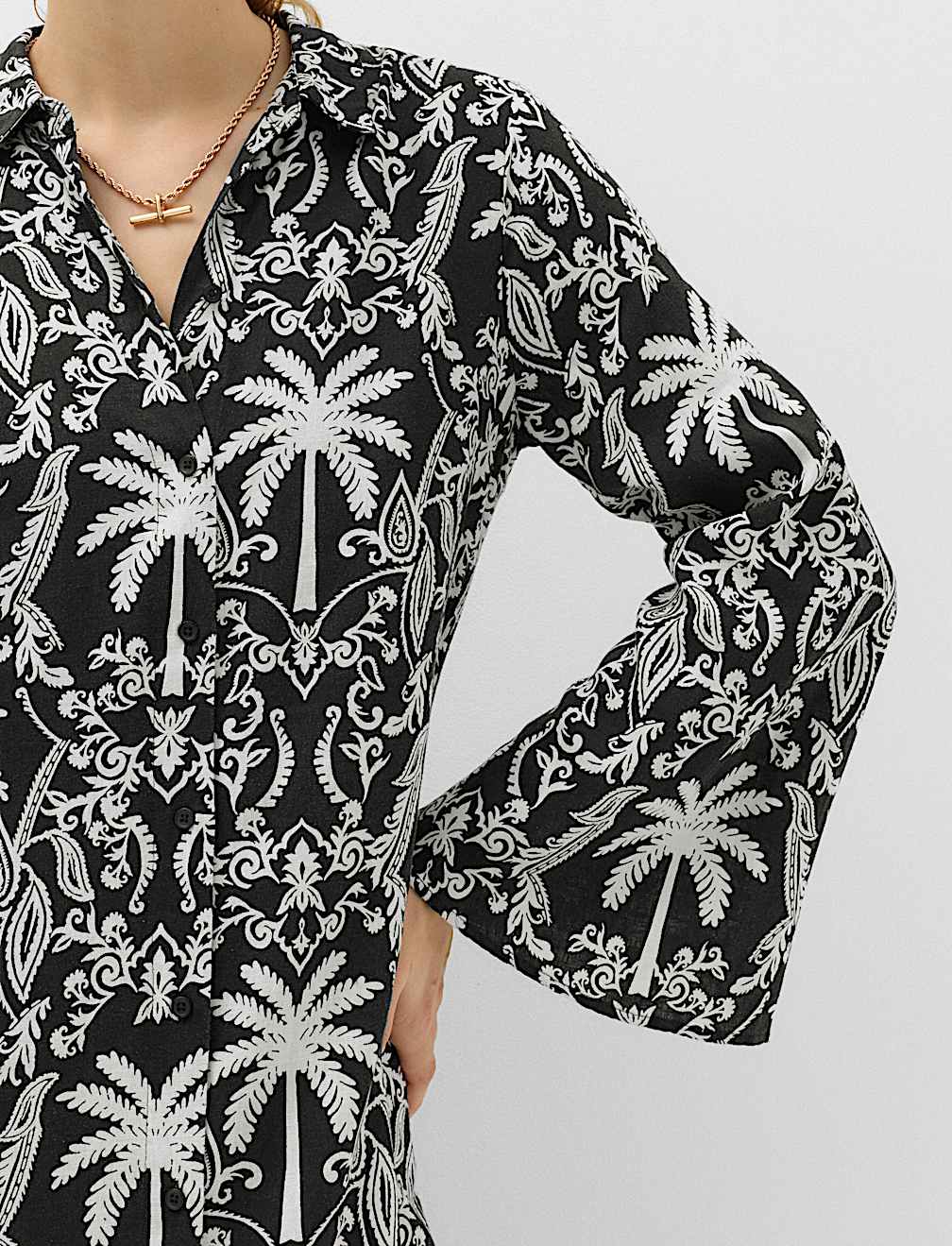 Linen Lyocell Blend Printed Midi Shirt Dress