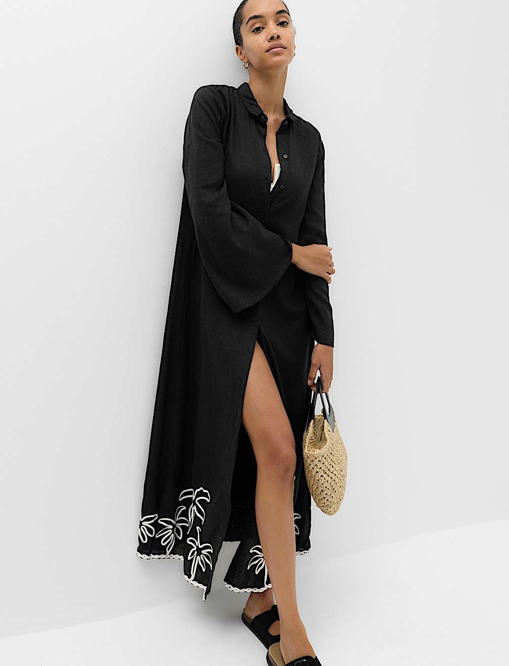 Linen Rich Palm Tree Collared Midi Shirt Dress