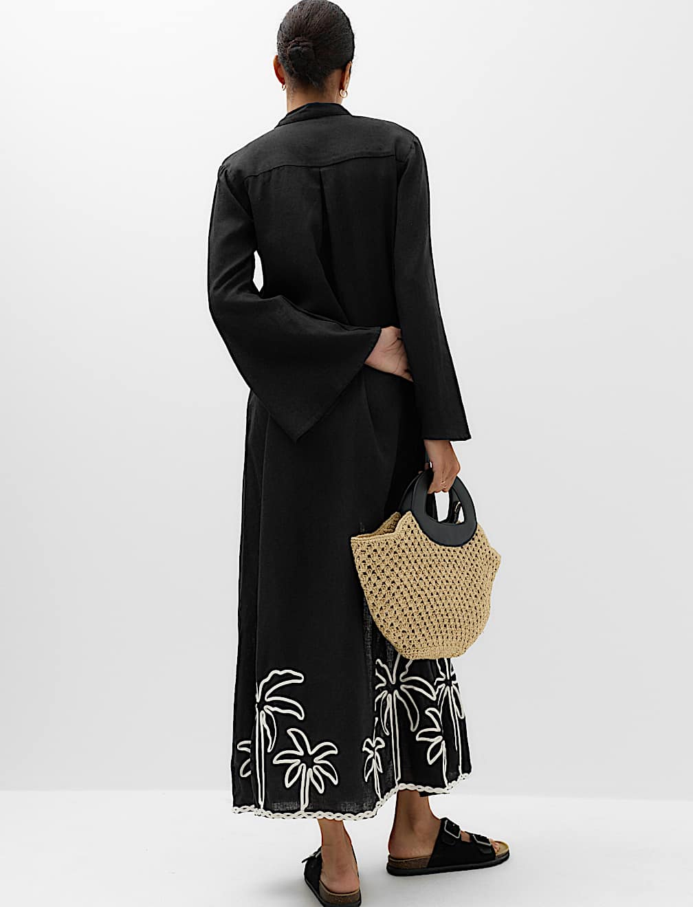 Linen Rich Palm Tree Collared Midi Shirt Dress