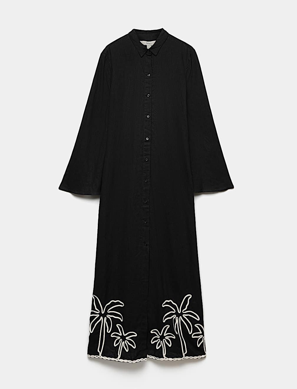 Linen Rich Palm Tree Collared Midi Shirt Dress