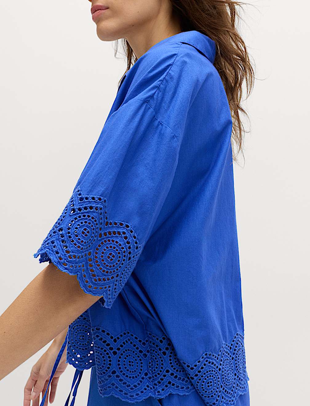 Pure Cotton Cutwork Detail Tie Front Beach Shirt
