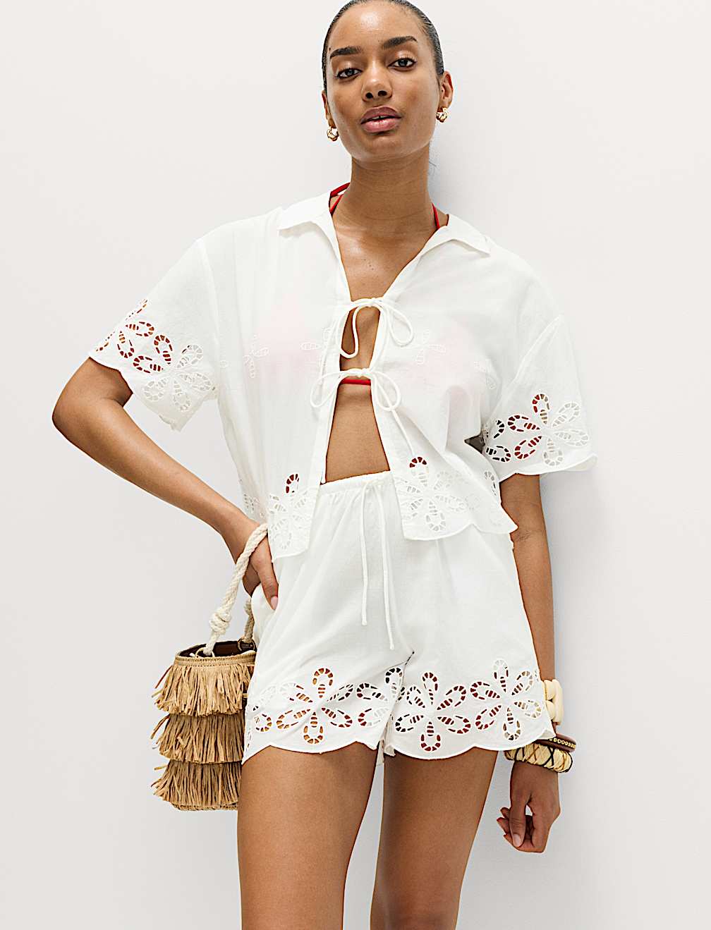 Pure Cotton Broderie Tie Front Beach Shirt