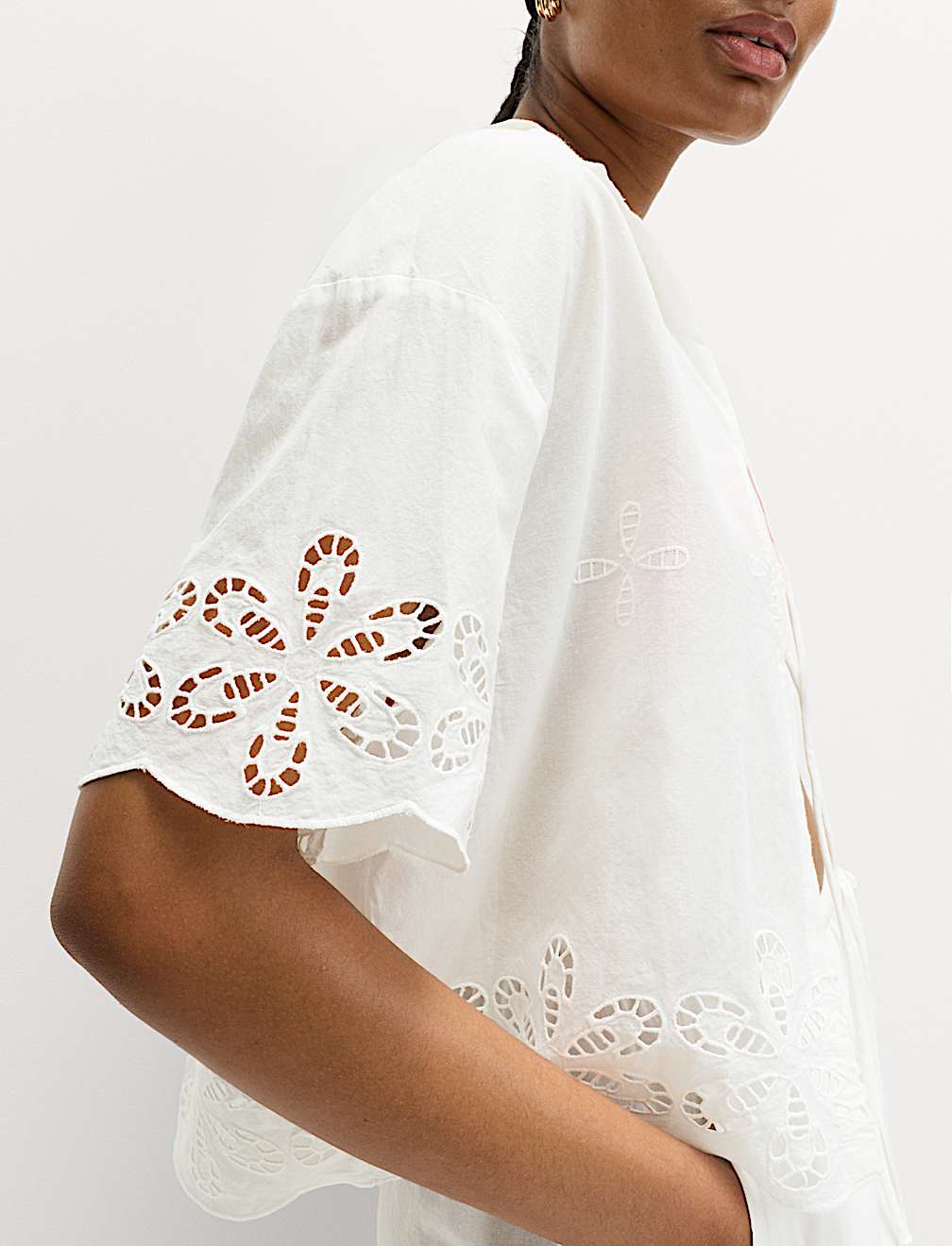 Pure Cotton Broderie Tie Front Beach Shirt