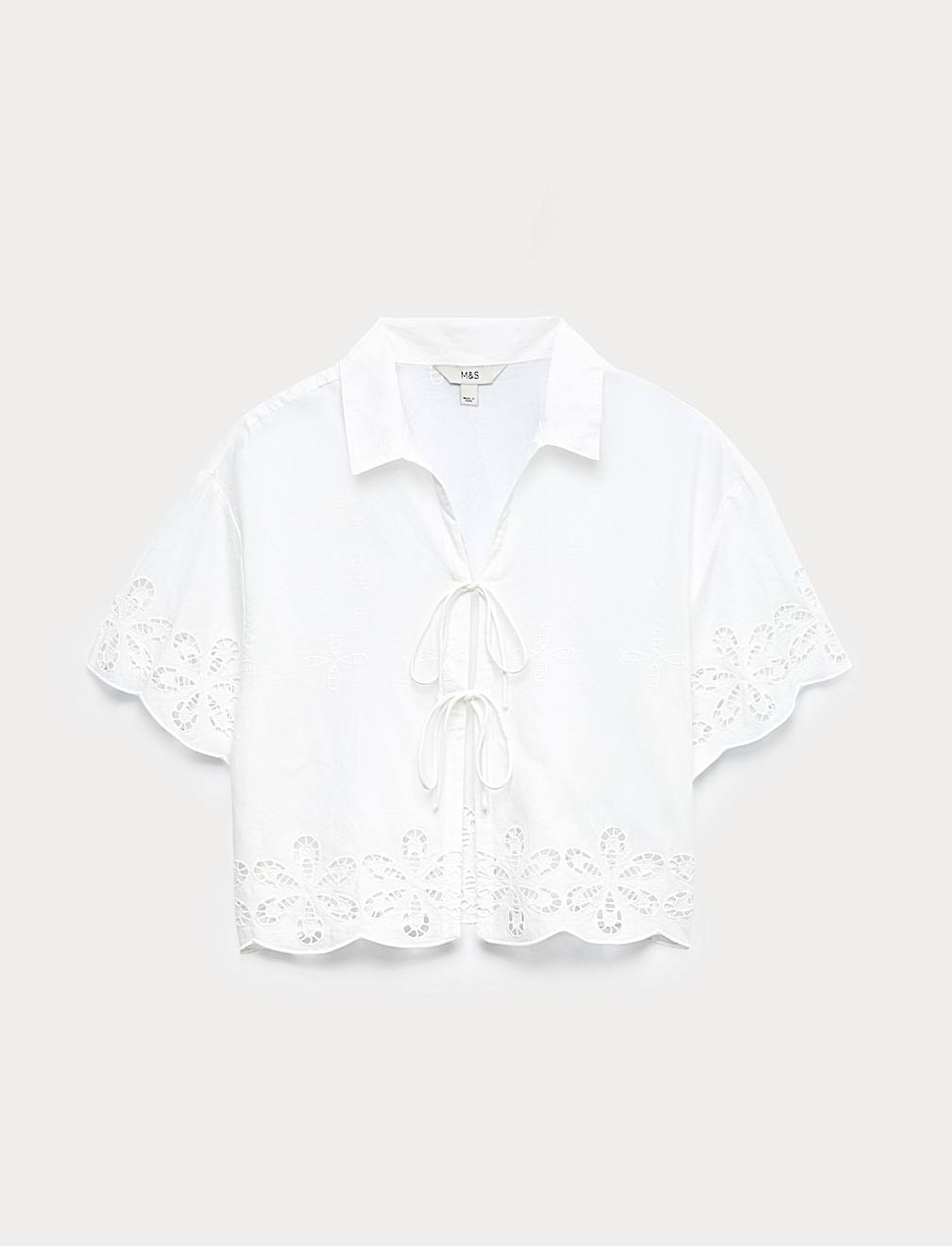Pure Cotton Broderie Tie Front Beach Shirt