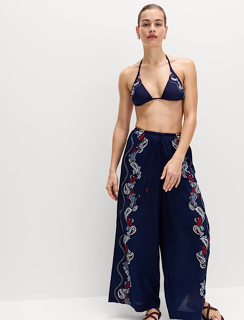 Pure Cotton Printed Drawstring Wide Leg Beach Trousers