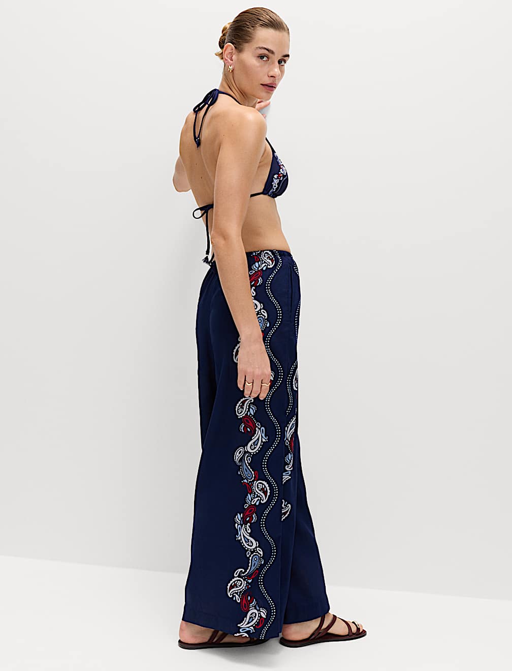 Pure Cotton Printed Drawstring Wide Leg Beach Trousers