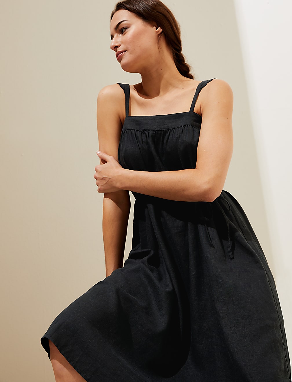 Linen Rich Square Neck Midi Shift Dress