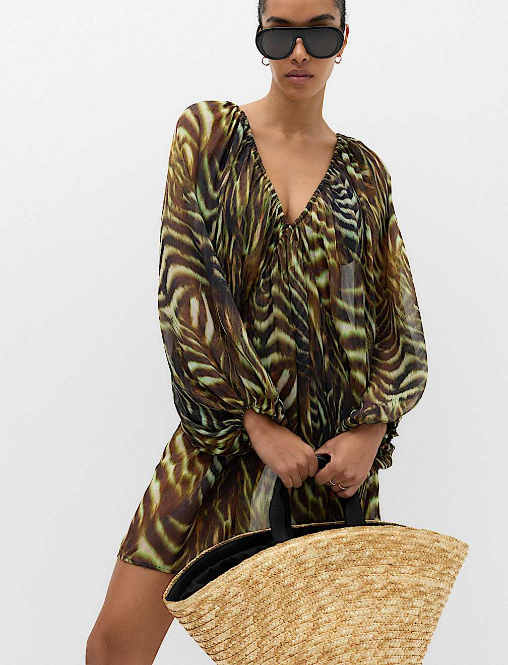 Animal Print Balloon Sleeve Mini Beach Dress