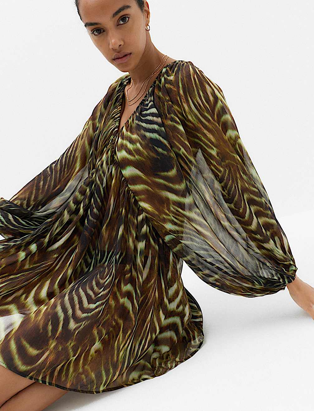 Animal Print Balloon Sleeve Mini Beach Dress