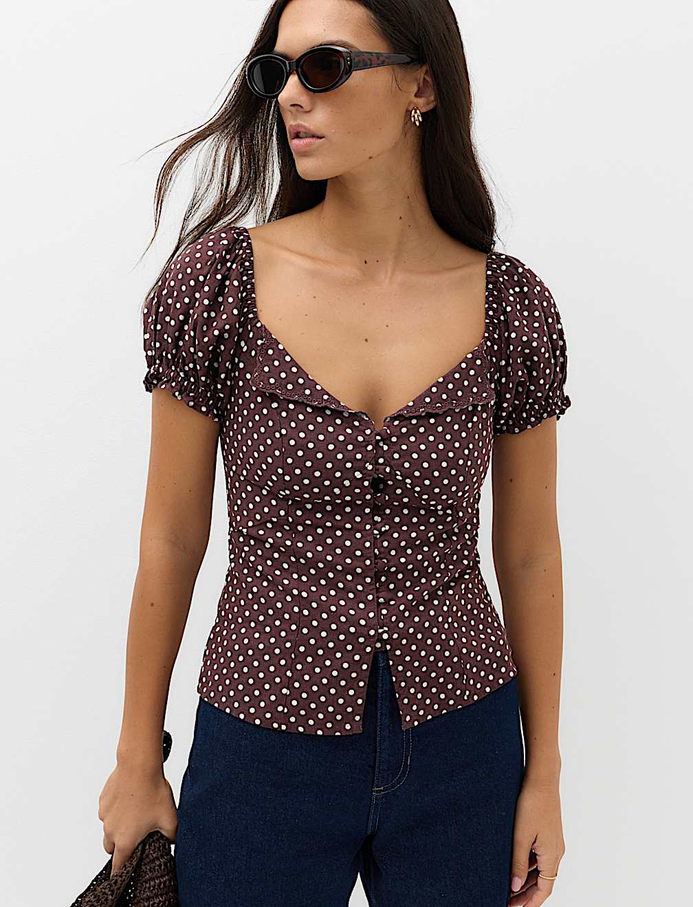 Linen Rich Polka Dot Square Neck Top