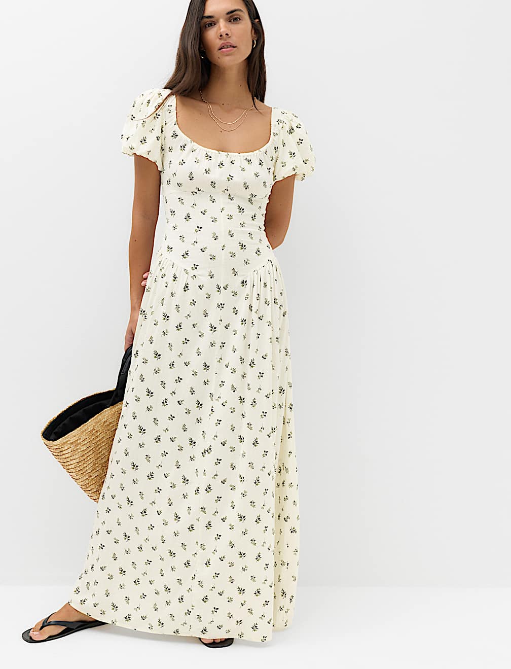 Linen Rich Floral Scoop Neck Maxi Dress