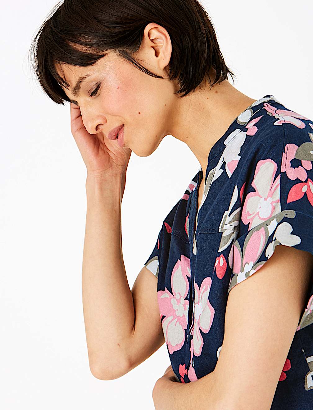 Pure Linen Floral V-Neck Blouse