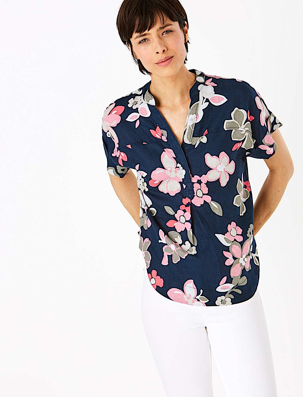 Pure Linen Floral V-Neck Blouse