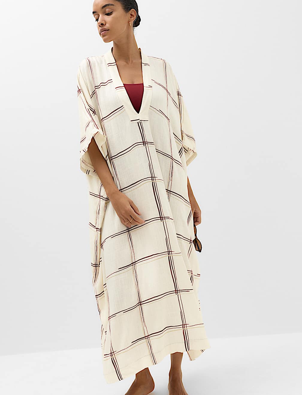 Checked Midi Kaftan Beach Dress with Linen