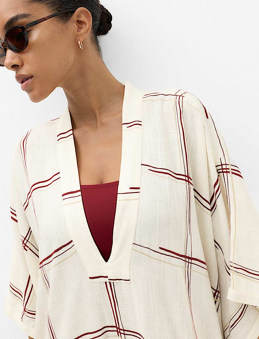 Checked Midi Kaftan Beach Dress with Linen