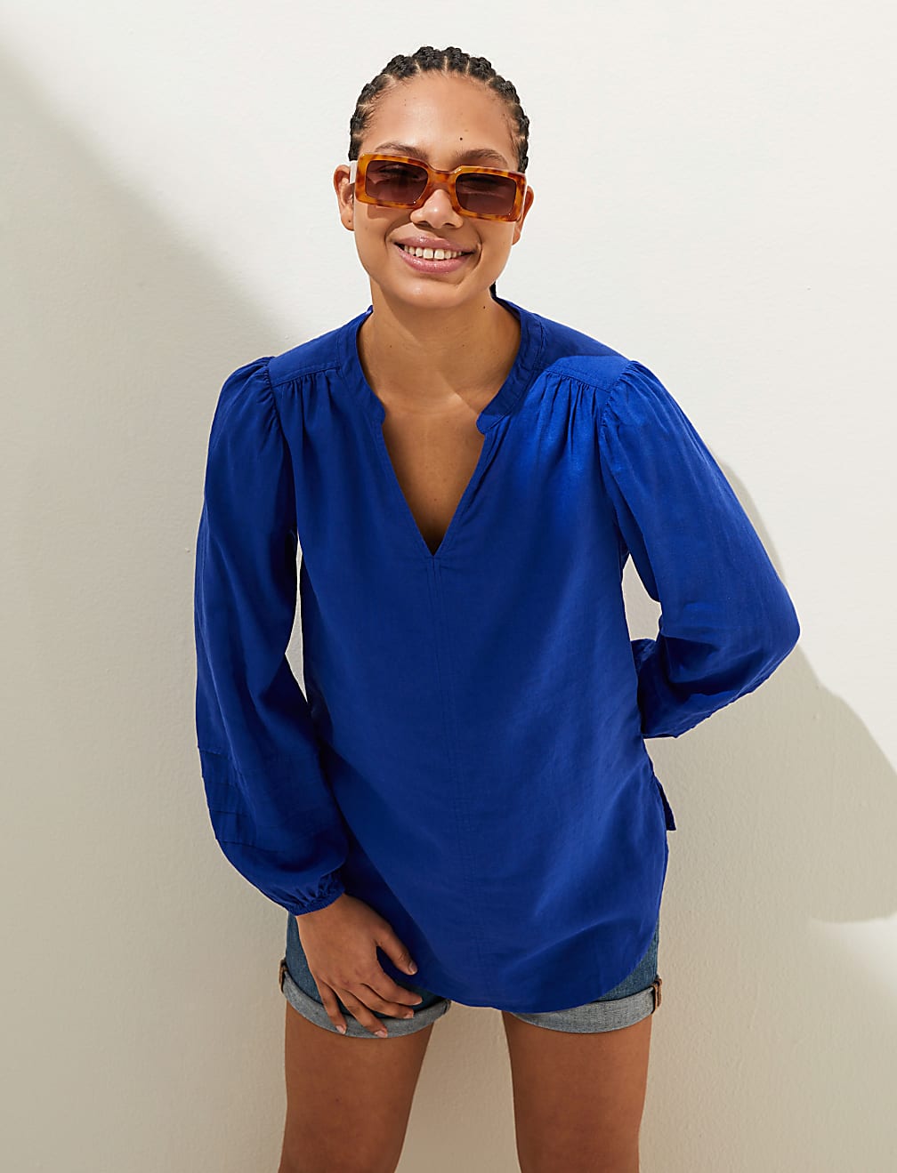 Linen Rich V-Neck Blouson Sleeve Blouse