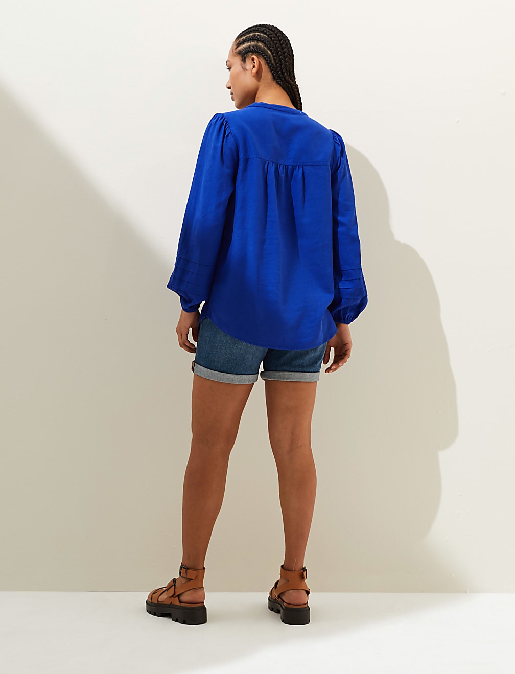 Linen Rich V-Neck Blouson Sleeve Blouse