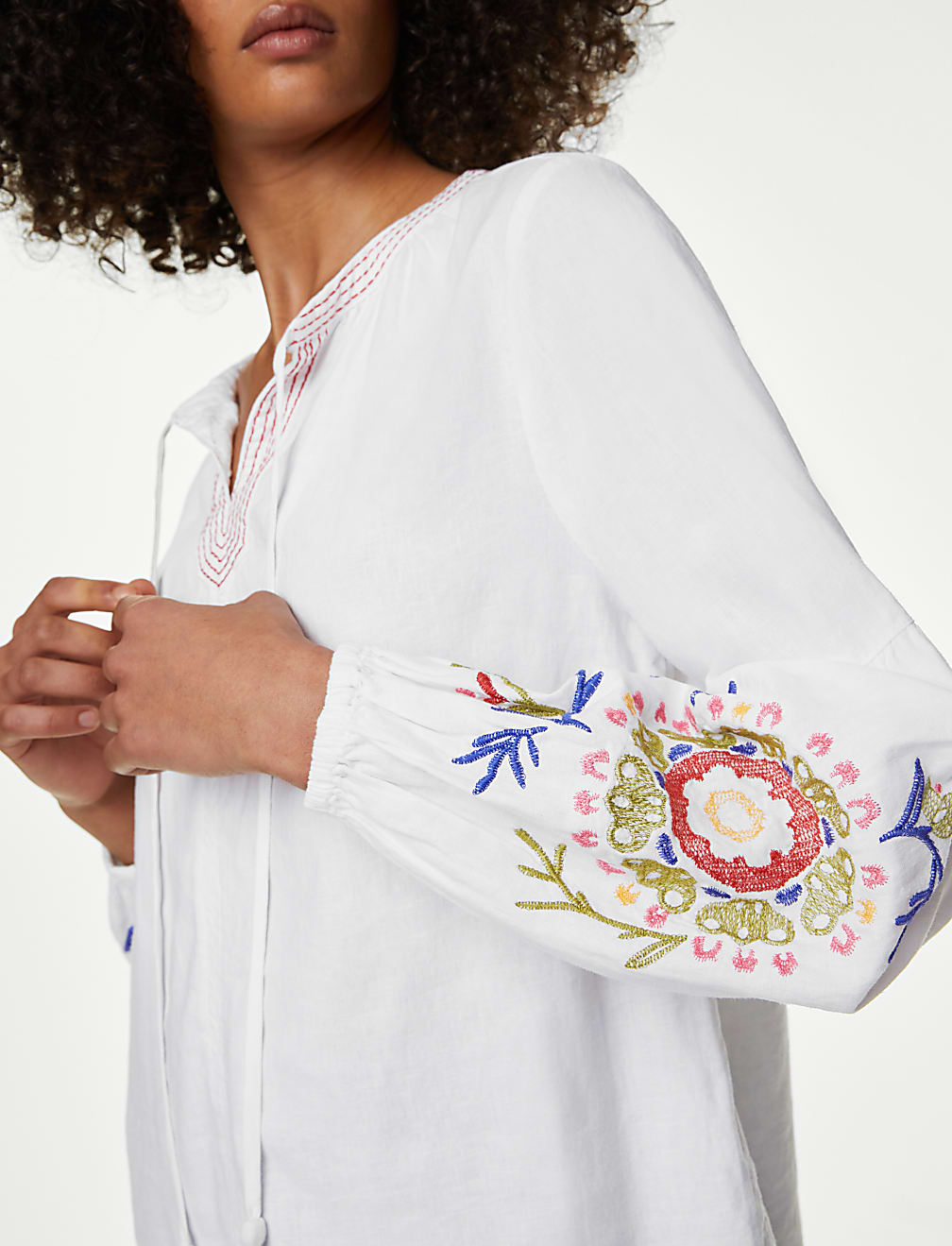 Linen Rich Embroidered Tie Neck Blouse