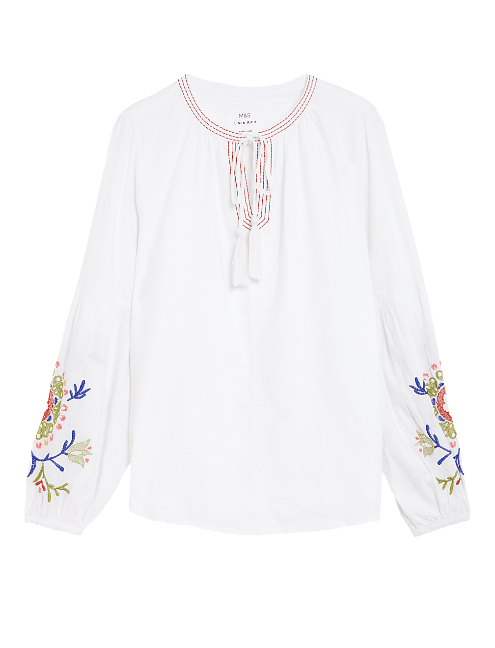 Linen Rich Embroidered Tie Neck Blouse