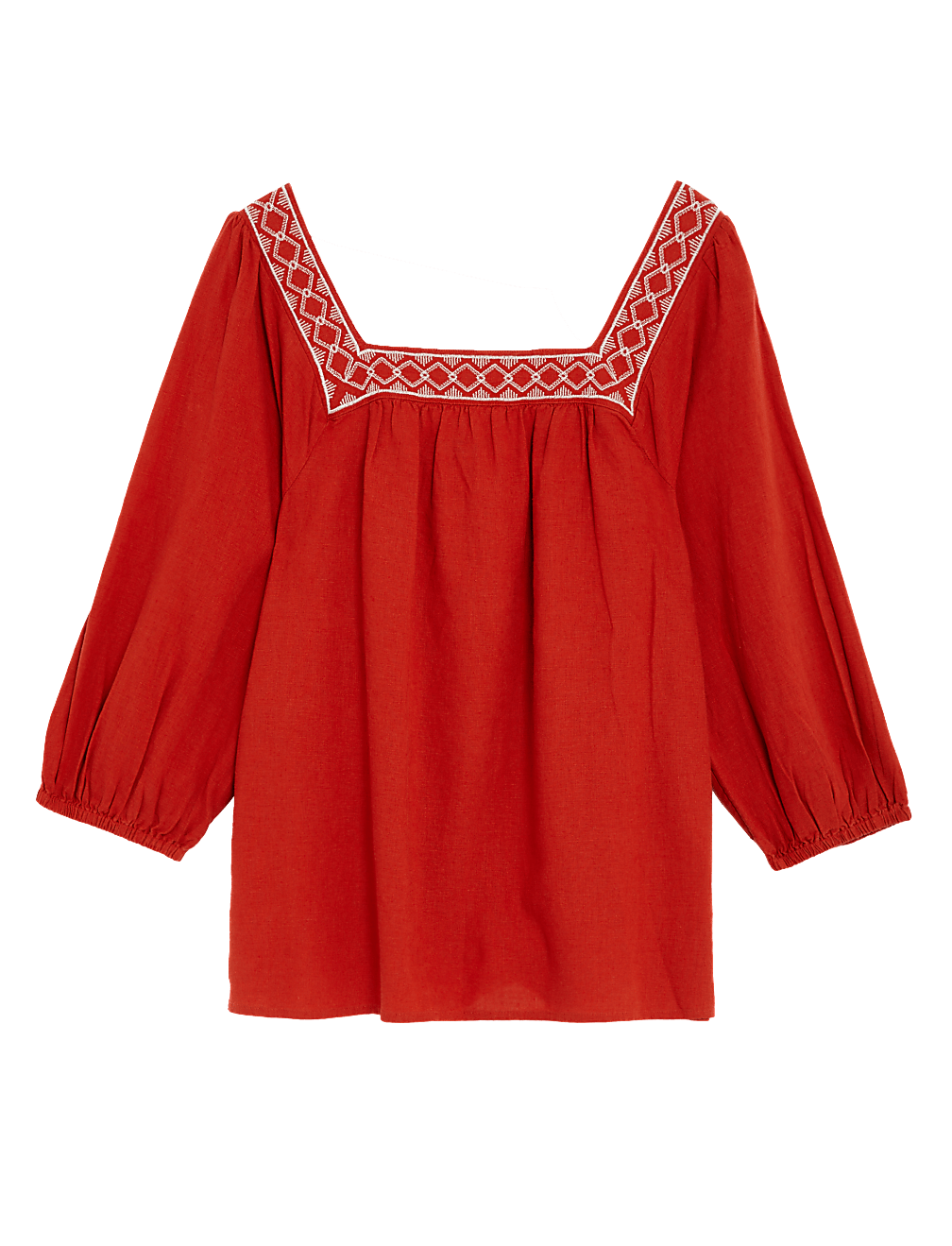 Linen Blend Embroidered Puff Sleeve Blouse