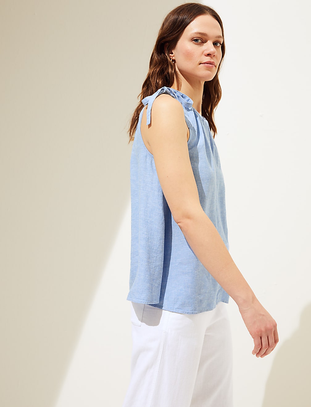 Linen Rich High Neck Tie Detail Cami Top