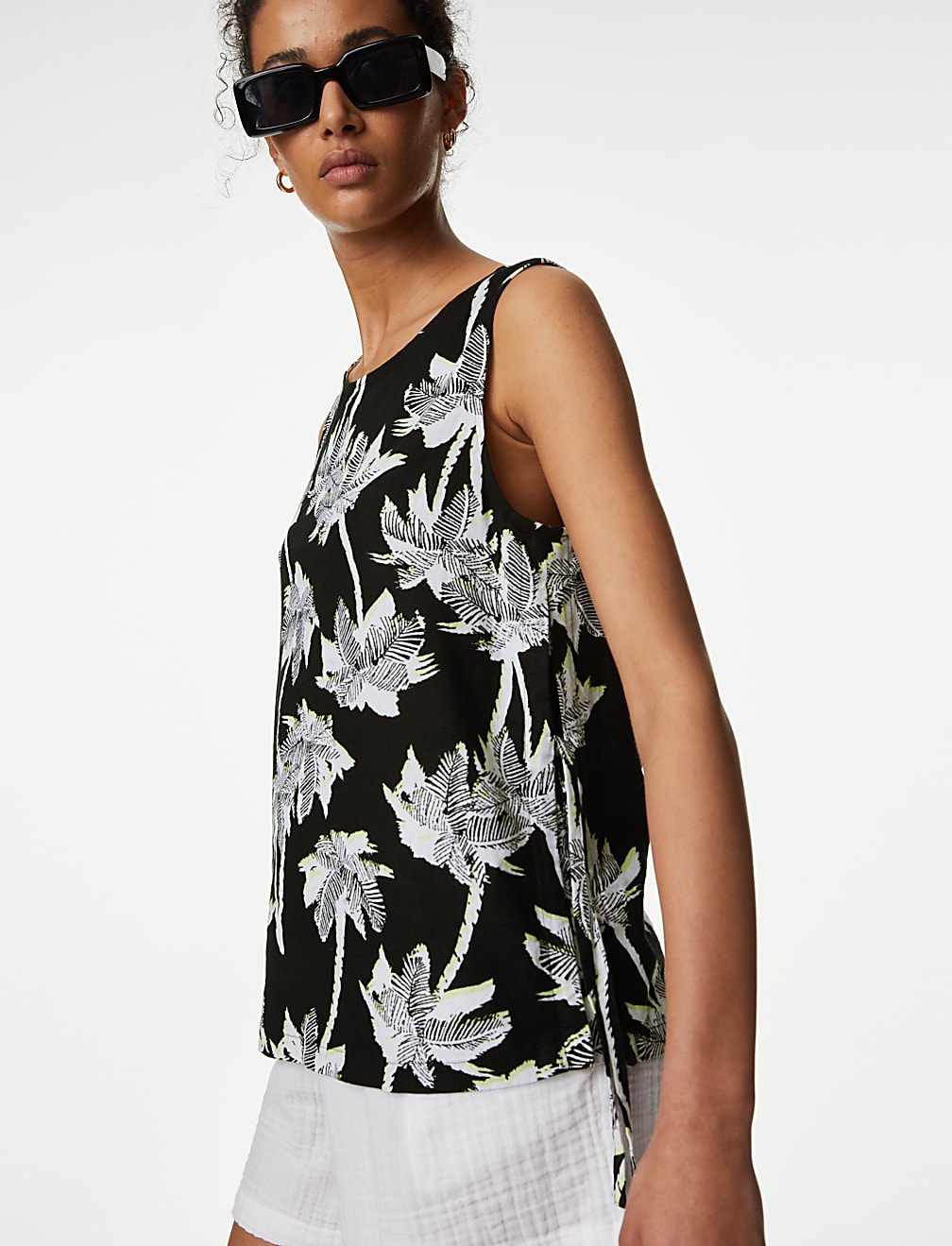 Linen Rich Printed High Neck Vest Top