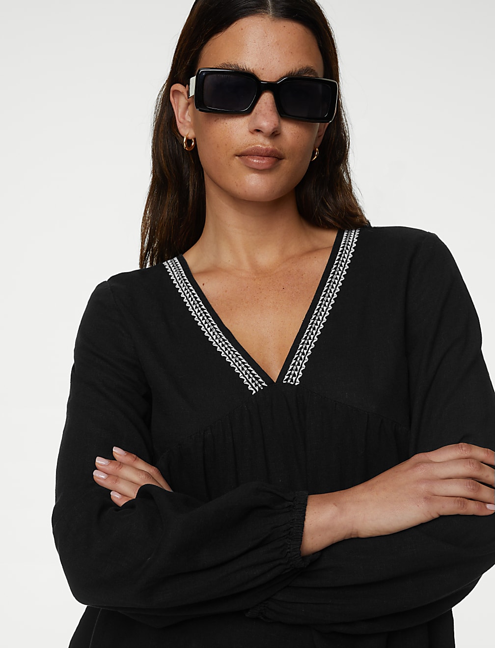 Linen Blend V-Neck Blouse