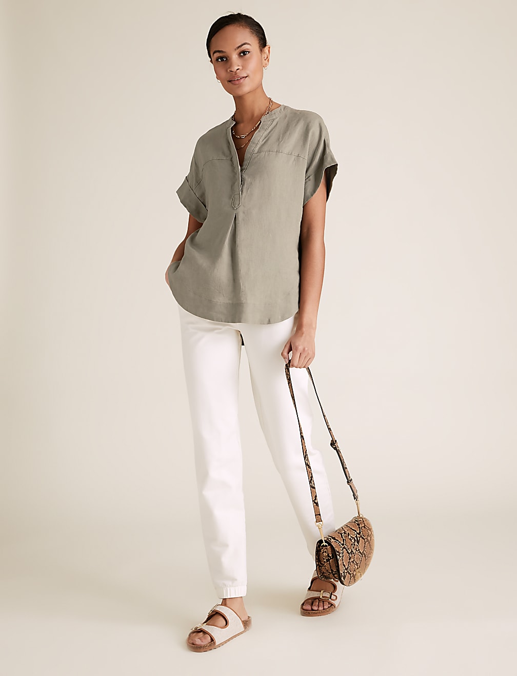 Pure Linen V-Neck Short Sleeve Blouse