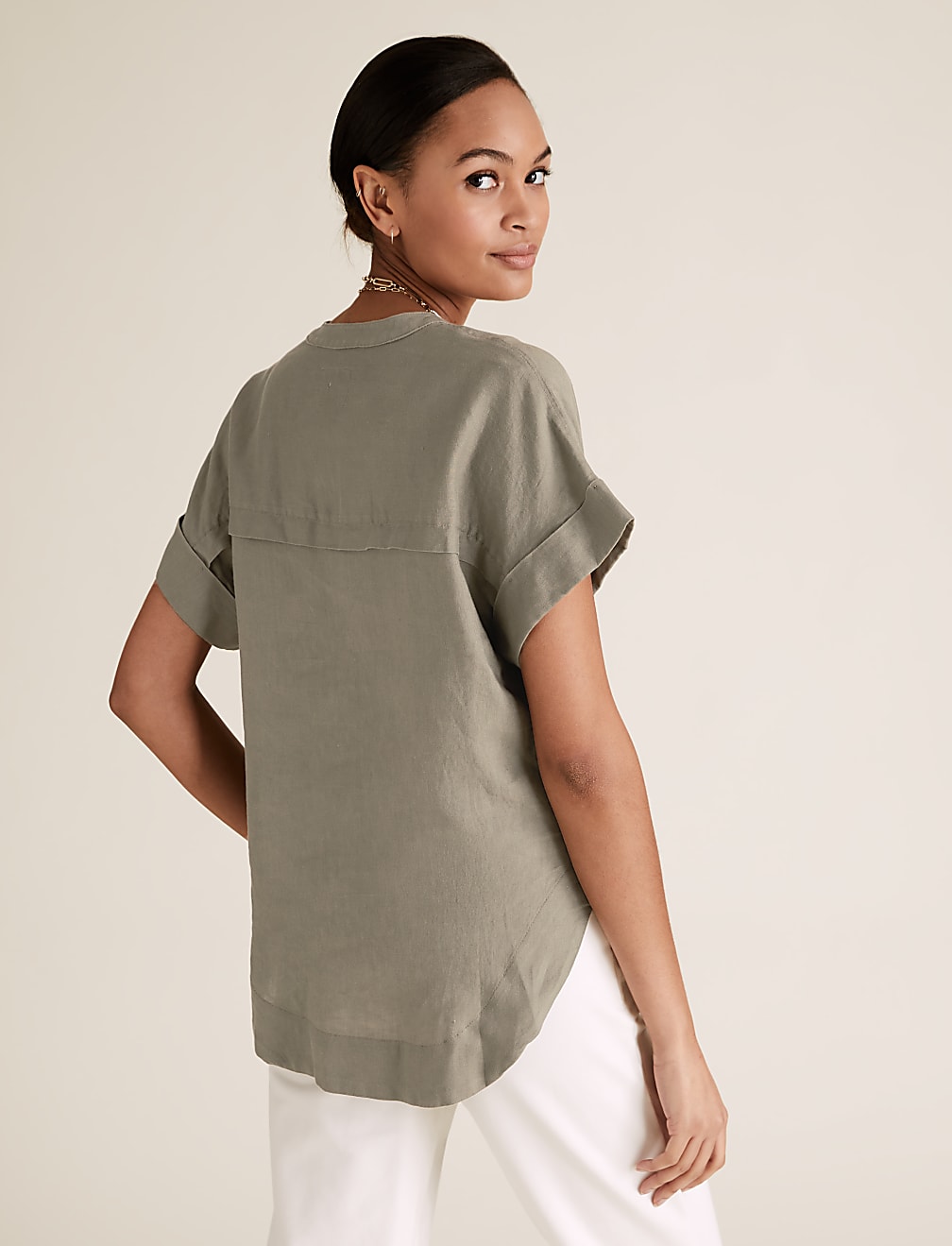 Pure Linen V-Neck Short Sleeve Blouse