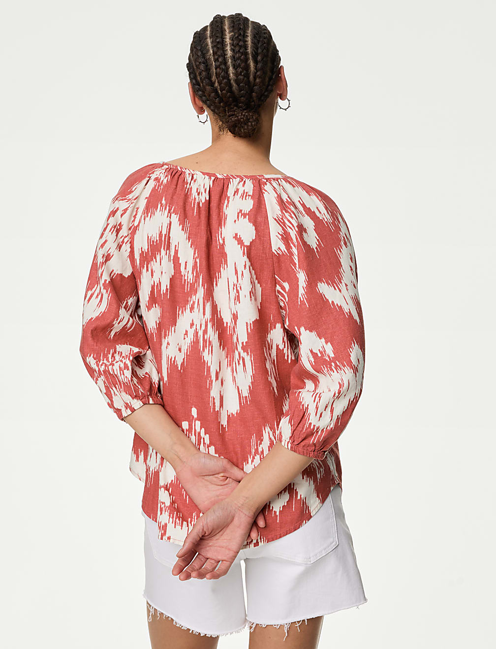 Linen Rich Printed Tie Neck Blouse