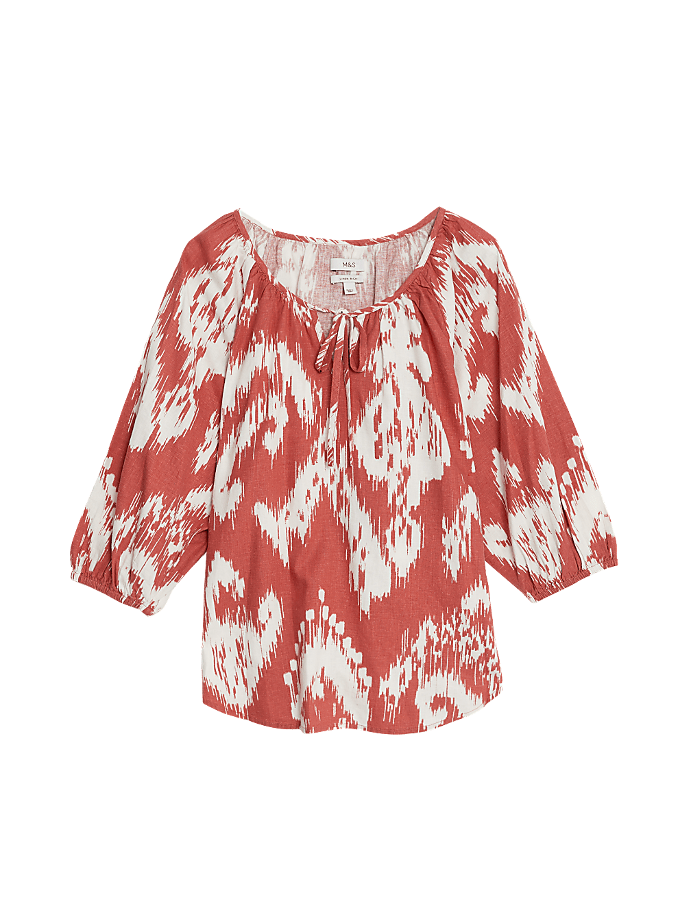 Linen Rich Printed Tie Neck Blouse