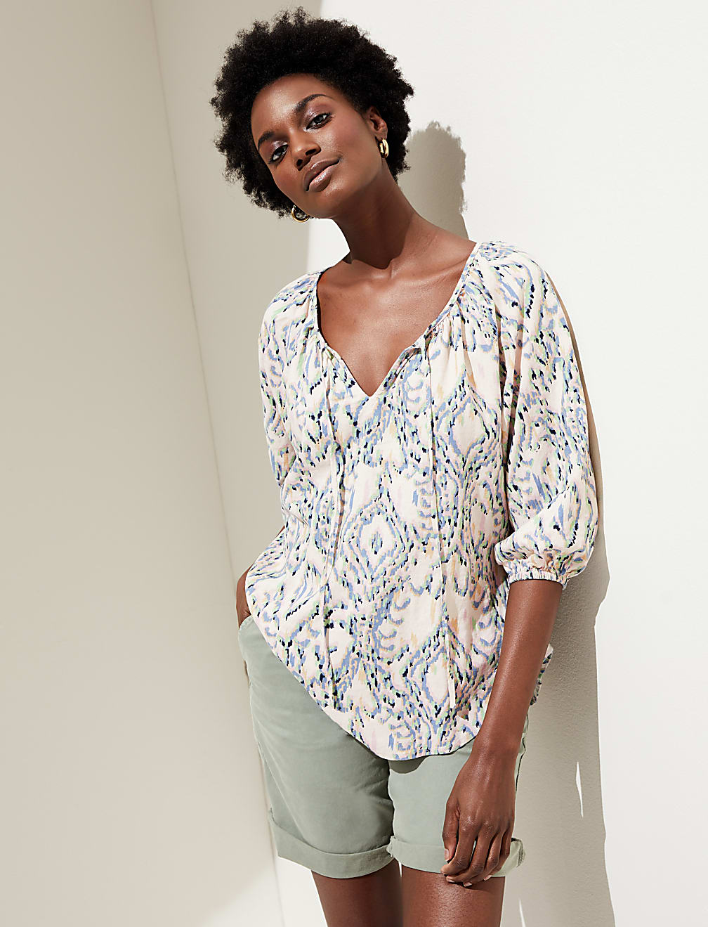 Linen Rich Printed Tie Neck Blouse