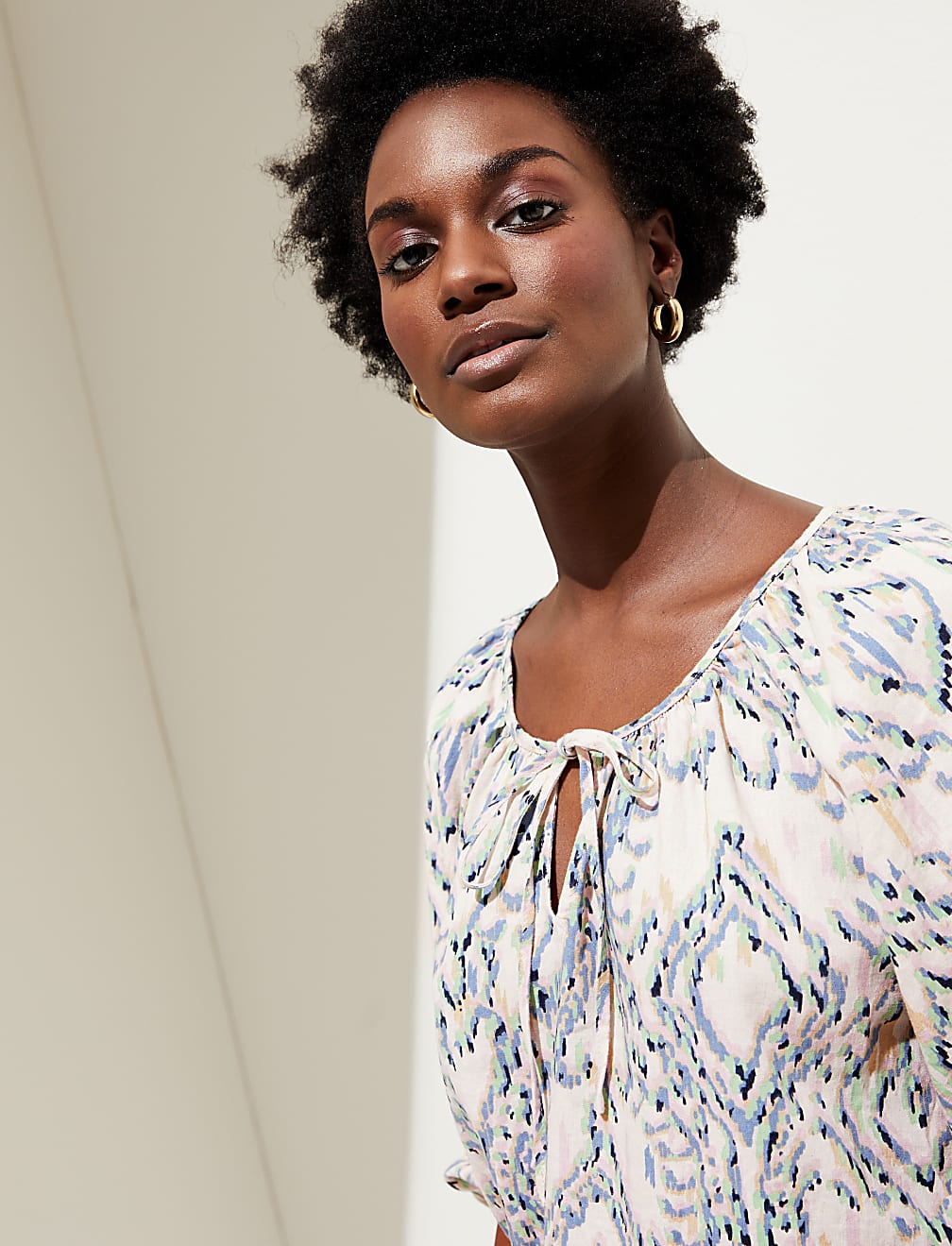 Linen Rich Printed Tie Neck Blouse