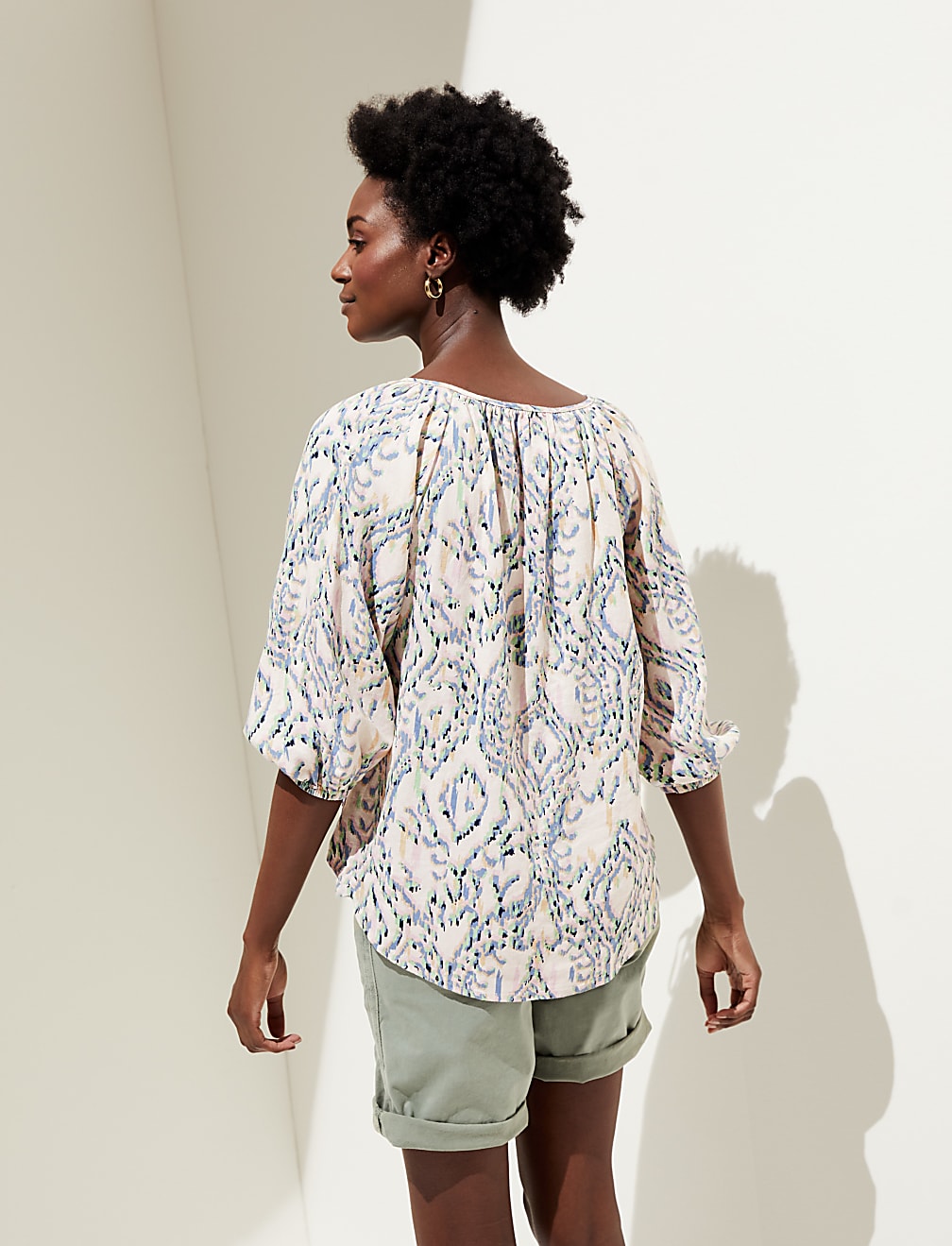 Linen Rich Printed Tie Neck Blouse