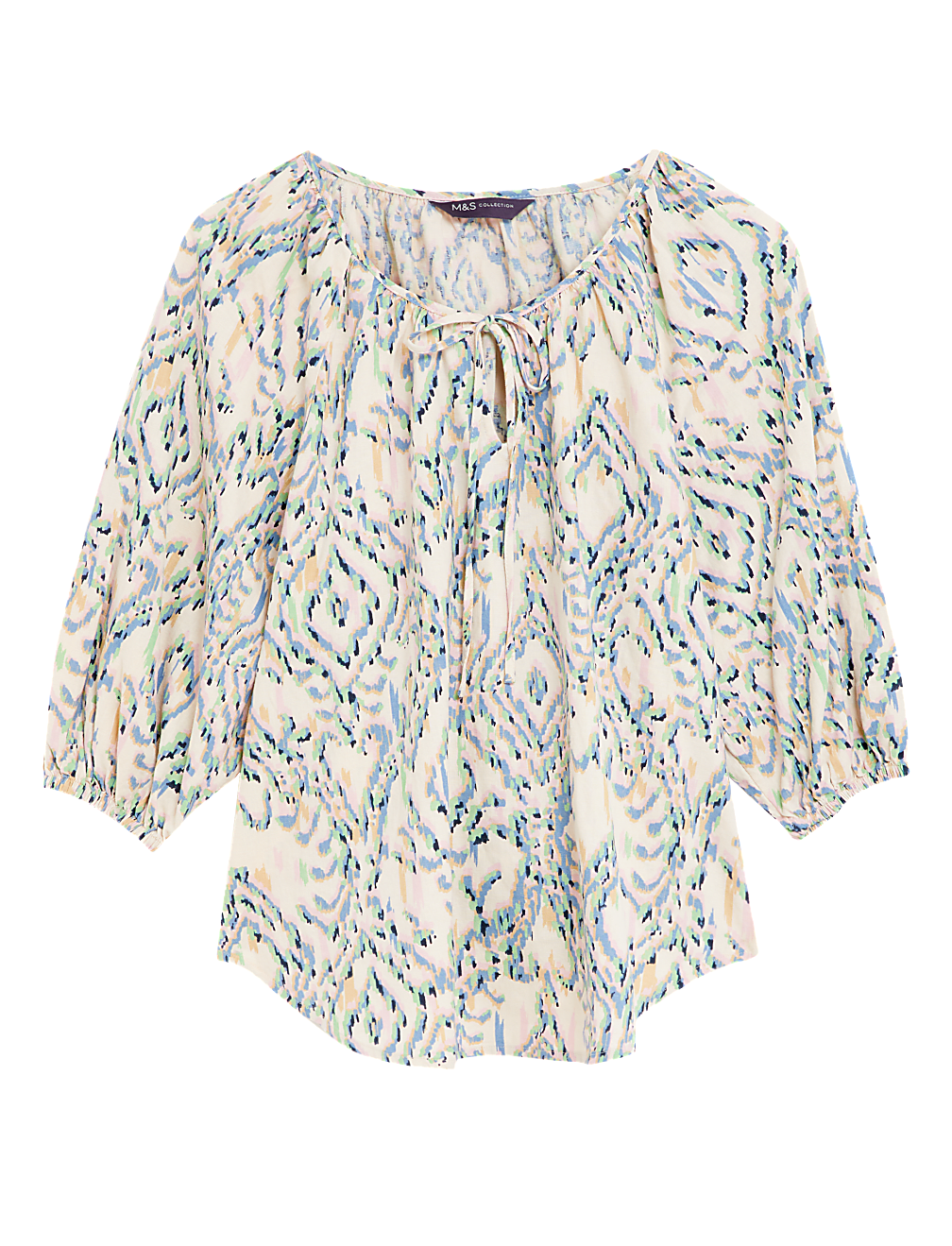 Linen Rich Printed Tie Neck Blouse