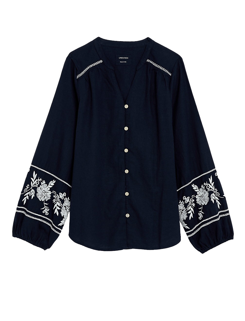 Linen Rich Embroidered V-Neck Blouse