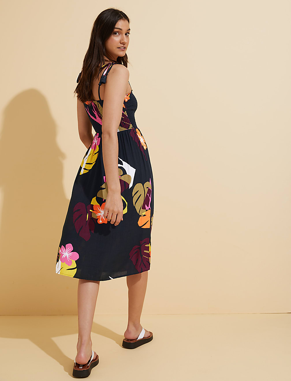 Floral Midi Shirred Beach Dress