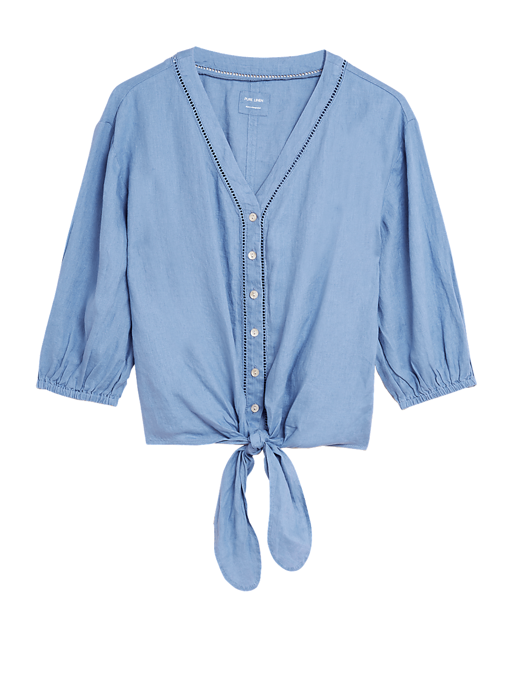 Pure Linen Tie Front 3/4 Sleeve Blouse