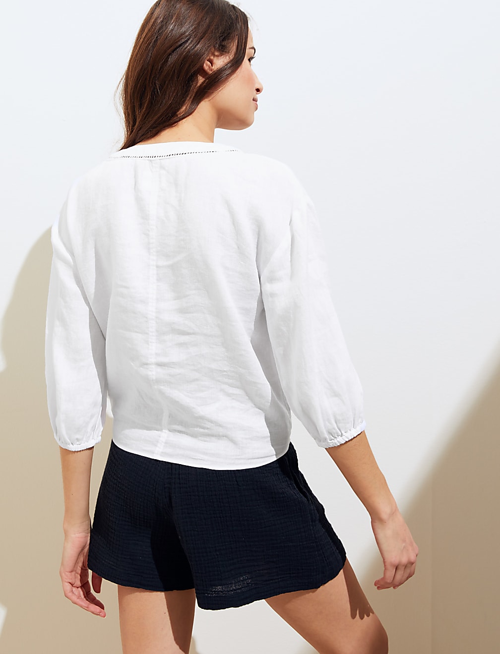Pure Linen Tie Front 3/4 Sleeve Blouse