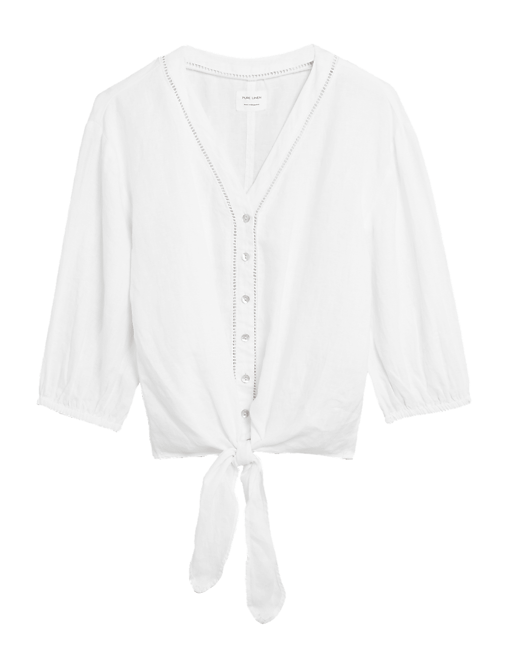 Pure Linen Tie Front 3/4 Sleeve Blouse