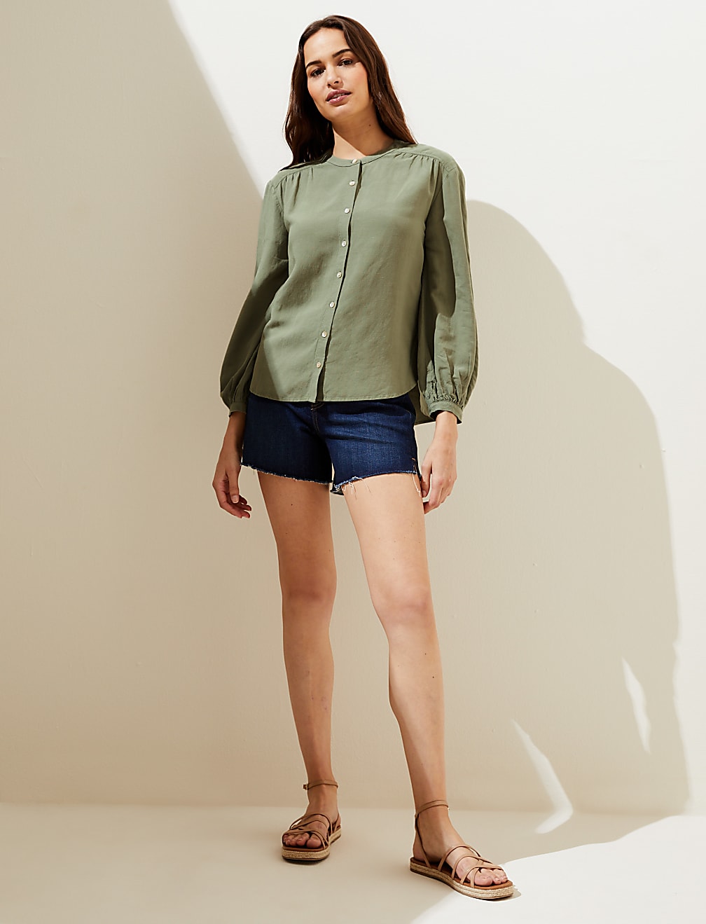 Linen Blend Collarless Long Sleeve Blouse
